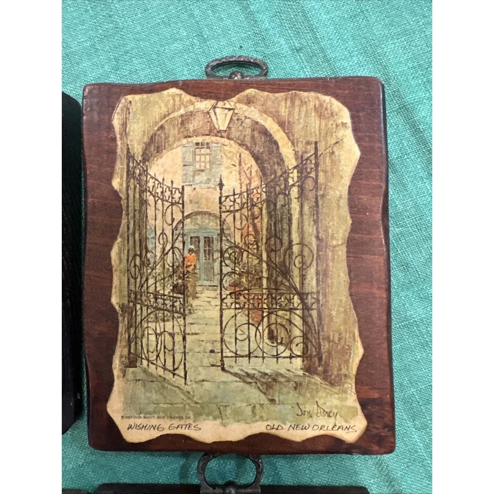 Set Of 4 Old New Orleans wooden plaque decoupage Signed 5